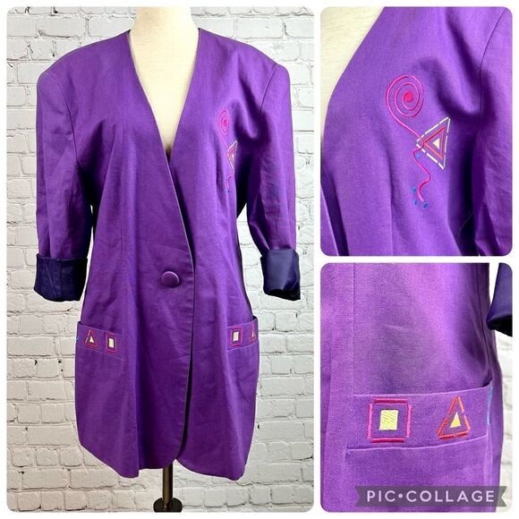 Vintage Jackets & Blazers - Vintage 90s Althuser Grape/Violet Geometric Shape Embroidered Funky Blazer M